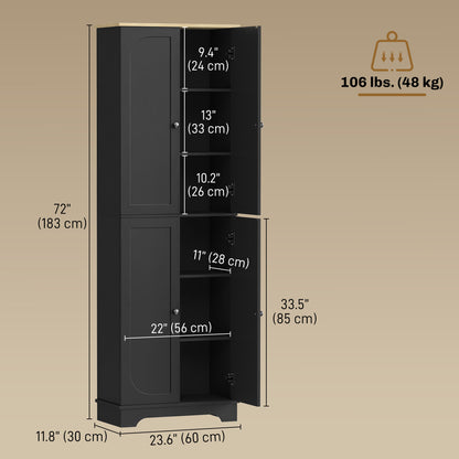72" Tall Pantry Cabinet, Kitchen Pantry Cabinet with Adjustable Shelves, Storage Cabinet with 4 Doors, Black