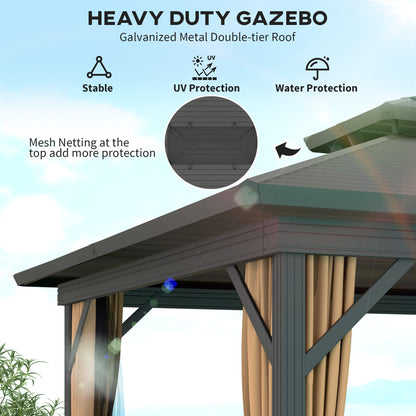 10' x 12' Hardtop Gazebo, Sun Shelter with Double Tier Metal Roof, Mosquito Netting, and Hanging Hook, Dark Brown