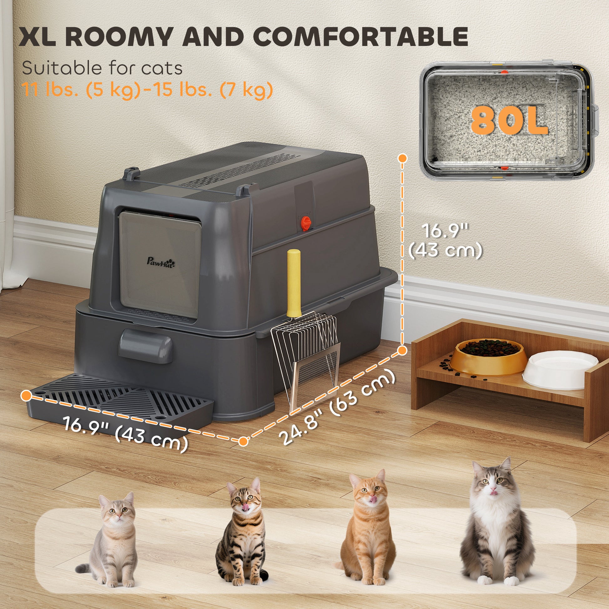 80L XL Stainless Steel Cat Litter Box for Big Cats with Flip Cover, Pull-Out Drawer Tray, High Sided, Pedal, Dark Grey