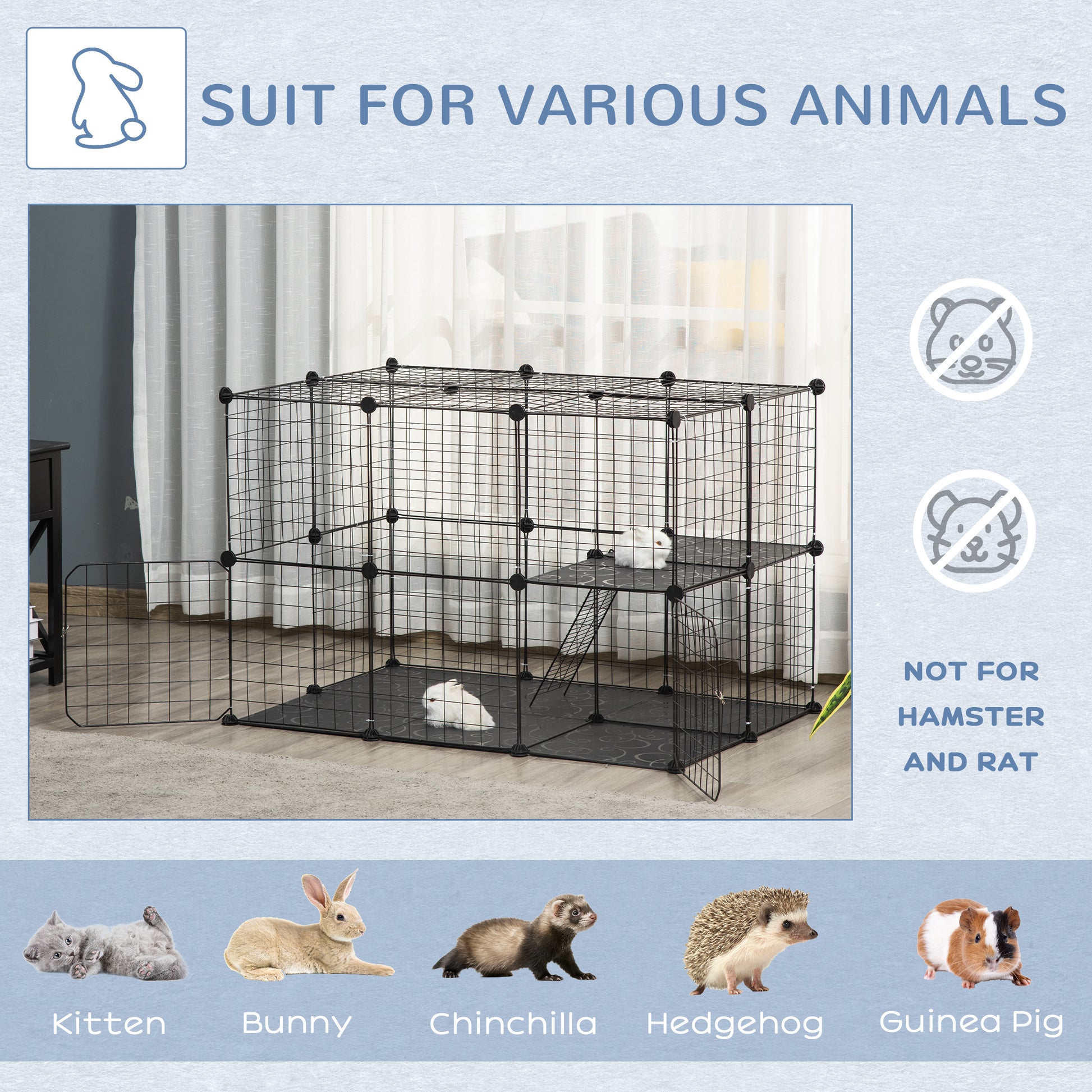 39 Pcs Small Animal Cage Bunny Hutch Portable Metal Wire with Ramps for Kitten Chinchilla, Black