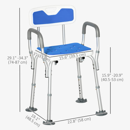Adjustable Shower Chair with Arms and Back, Bath Chair with Regular Seat, Anti-slip Shower Bench for Seniors and Disabled, Tool-Free Assembly, 300lbs, Blue