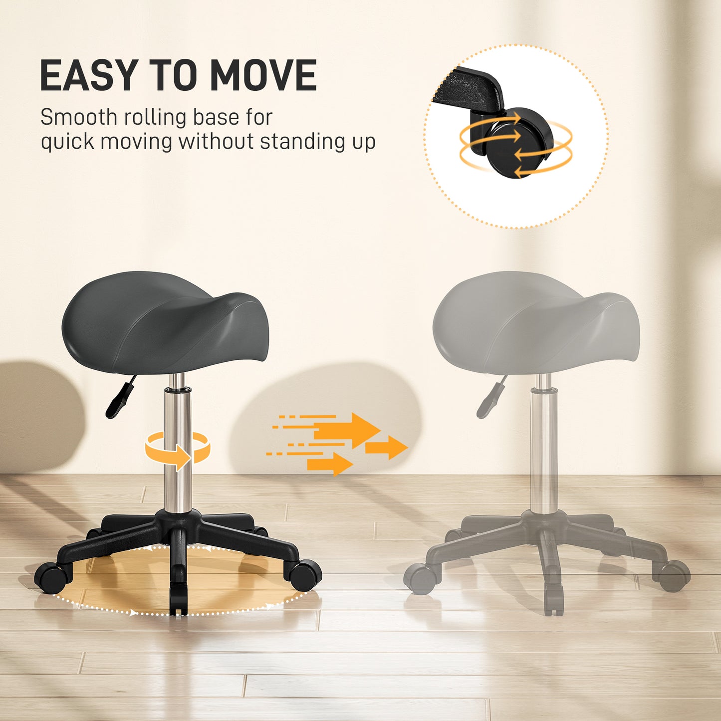 Saddle Stool, Adjustable Rolling Stool, Grey