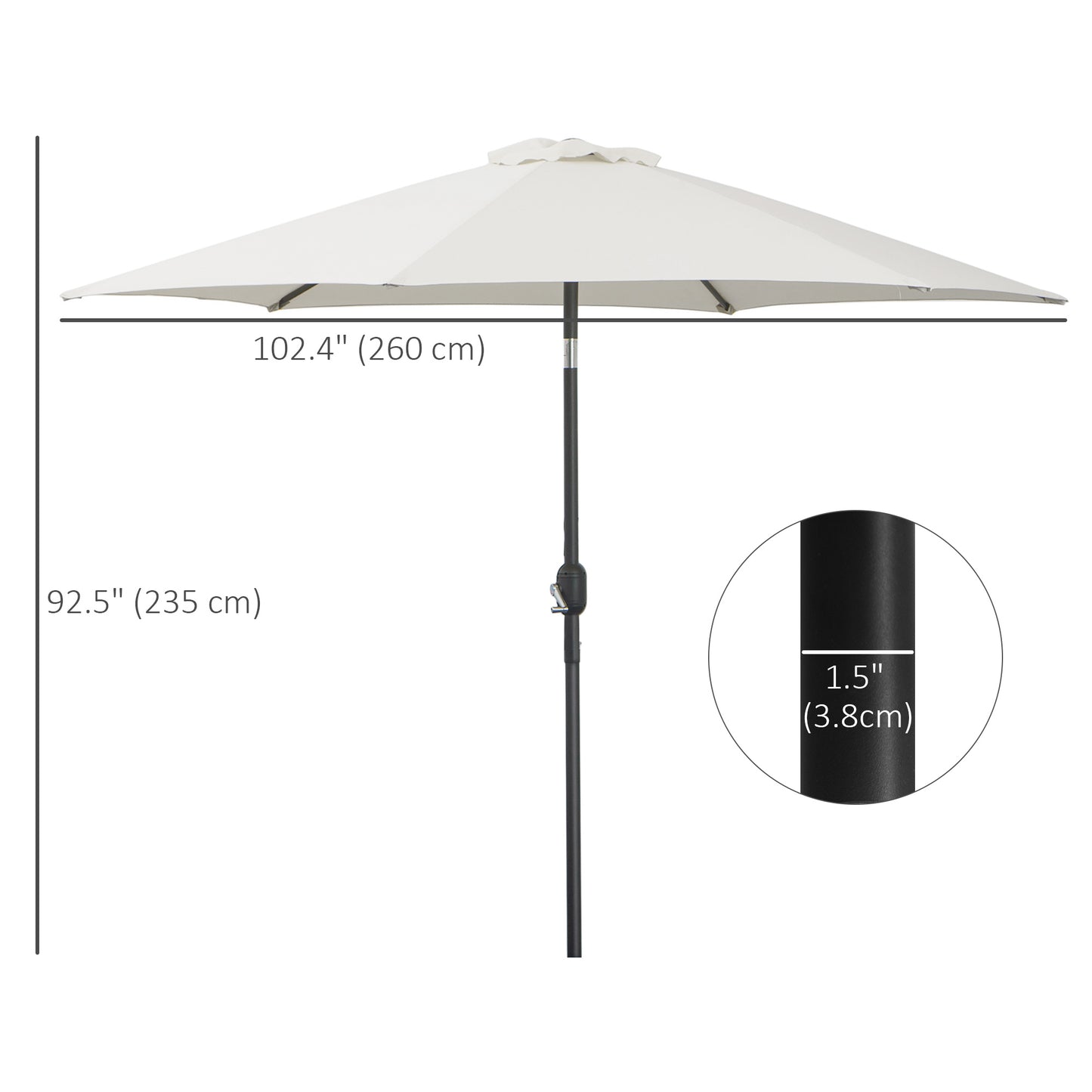8.5' Round Aluminum Patio Umbrella 6 Ribs Market Sunshade Tilt Canopy w/ Crank Handle Garden Parasol White