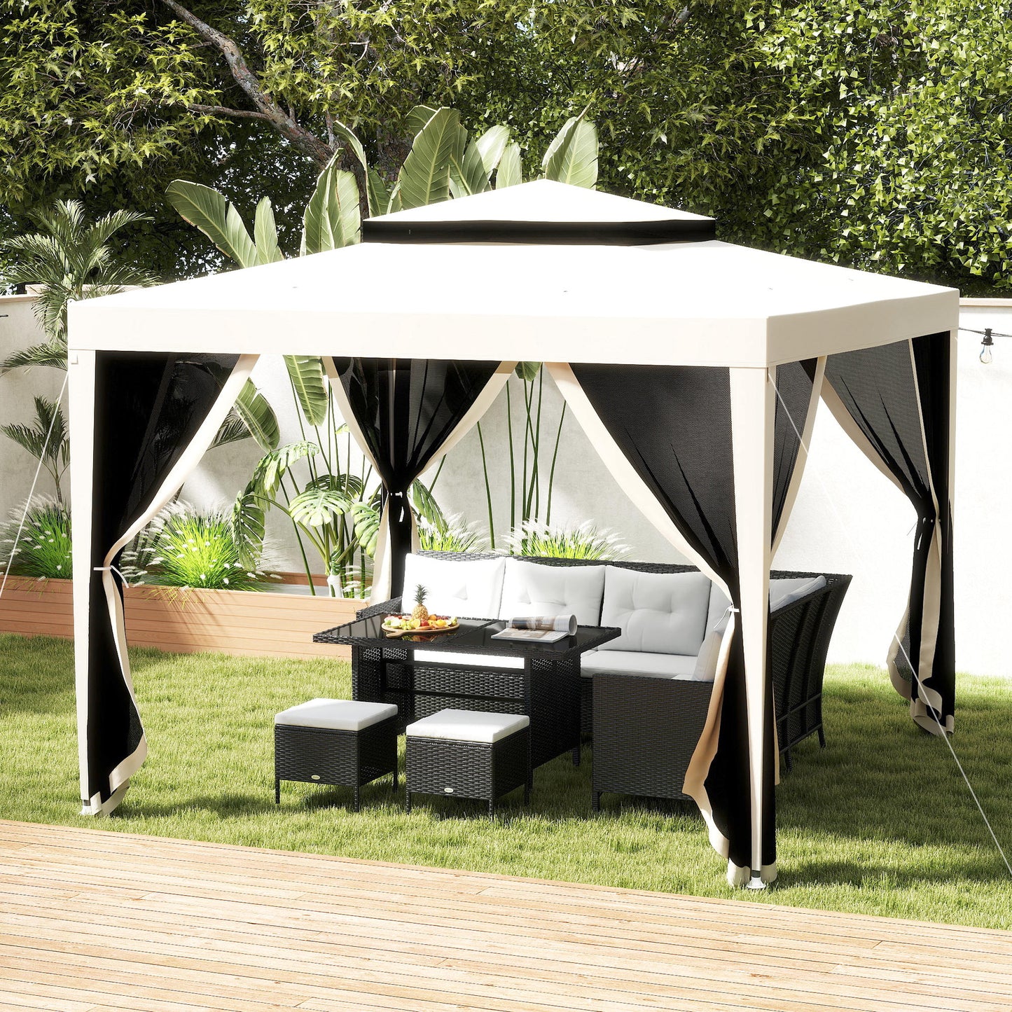 10' x 10' Outdoor Canopy Tent Party Tent with Mesh Netting and Double Tier Roof for Backyard, Garden, Patio, Cream White