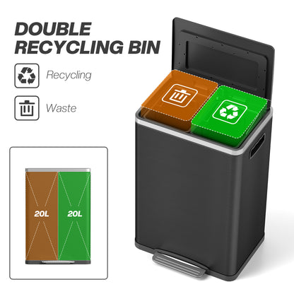 2 x 20 Liter Garbage Bin, Stainless Steel Garbage Can with Soft-Close Lid and Removable Inner Buckets, Black