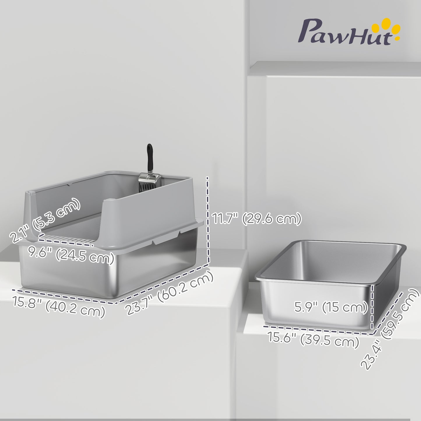 XL Stainless Steel Cat Litter Box for Big and Multiple Cats with High Wall Side, Scoop, Easy Cleaning & Odor Free