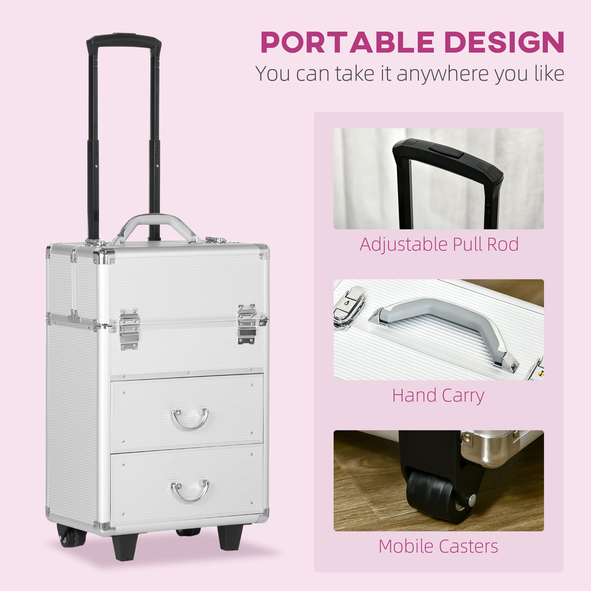 Aluminum Rolling Makeup Case, Portable Professional Cosmetic Makeup Case, Lockable Traveling Cart Trunk with Folding Trays, Swivel Wheels and Keys, Silver