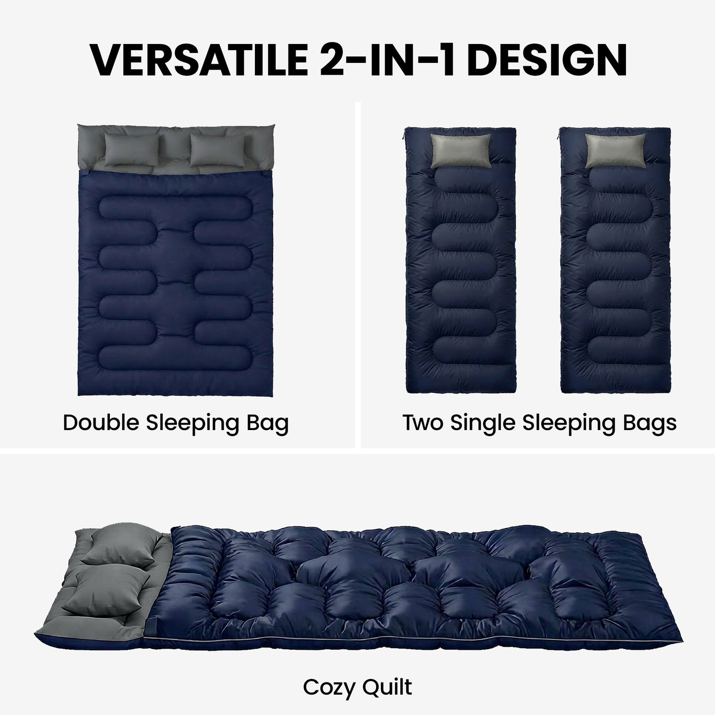Double Sleeping Bag for Adults, Queen Size 2 Person Sleeping Bag with 2 Pillows, for Cold Weather & Warm, Blue