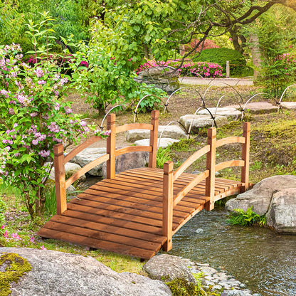 5FT Wooden Garden Bridge Classic Arc Footbridge with Guardrails for Stream Pond Walkway, Orange