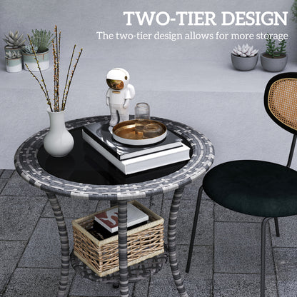 Outdoor Rattan Dining Table, Patio Wicker Round Coffee Table with 2-Tier Storage Shelf, Mixed Grey
