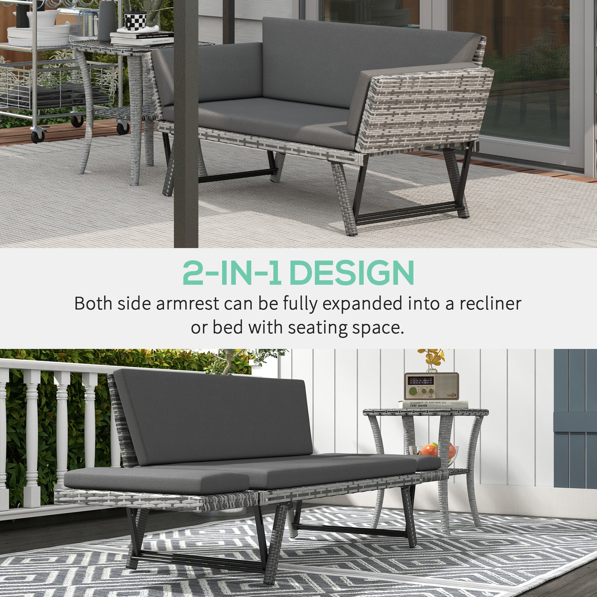 Convertible Wicker Loveseat Grey Patio Chaise Lounge