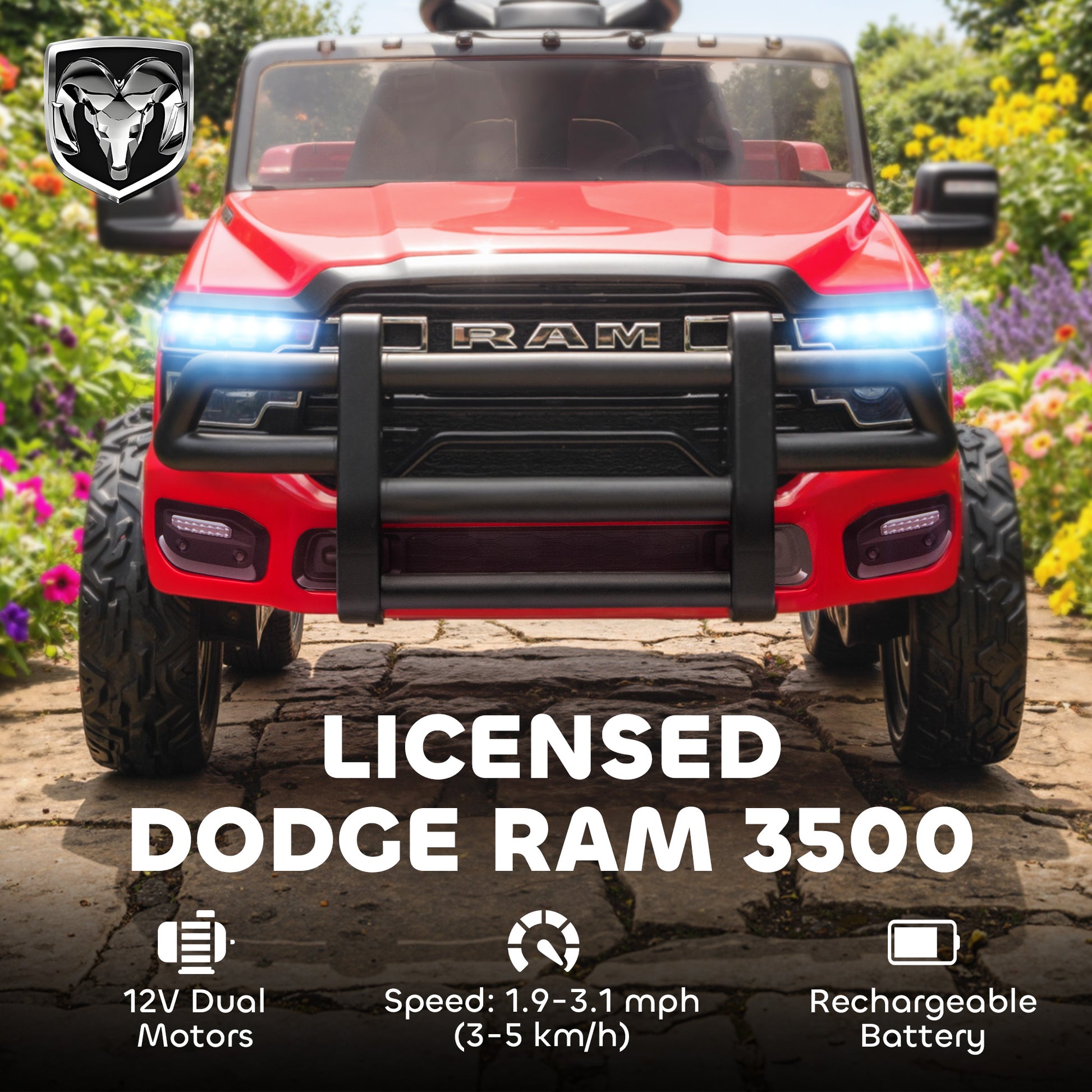 Qaba 12V Ride on Car, Licensed Dodge RAM 3500 Electric Vehicle with Remote Control, Suspension for 3-5 Years, Red