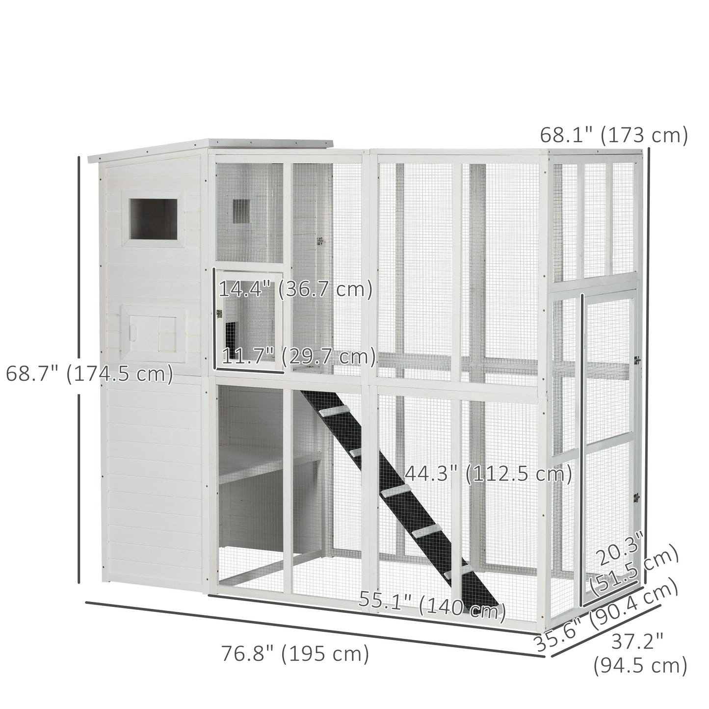 68.7" H Cat Cage Large Wooden Outdoor Cat House with Large Run for Play, Catio for Lounging, and Condo Area for Sleeping, White