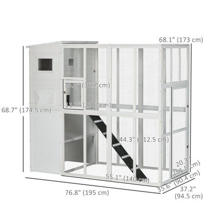 68.7" H Cat Cage Large Wooden Outdoor Cat House with Large Run for Play, Catio for Lounging, and Condo Area for Sleeping, White