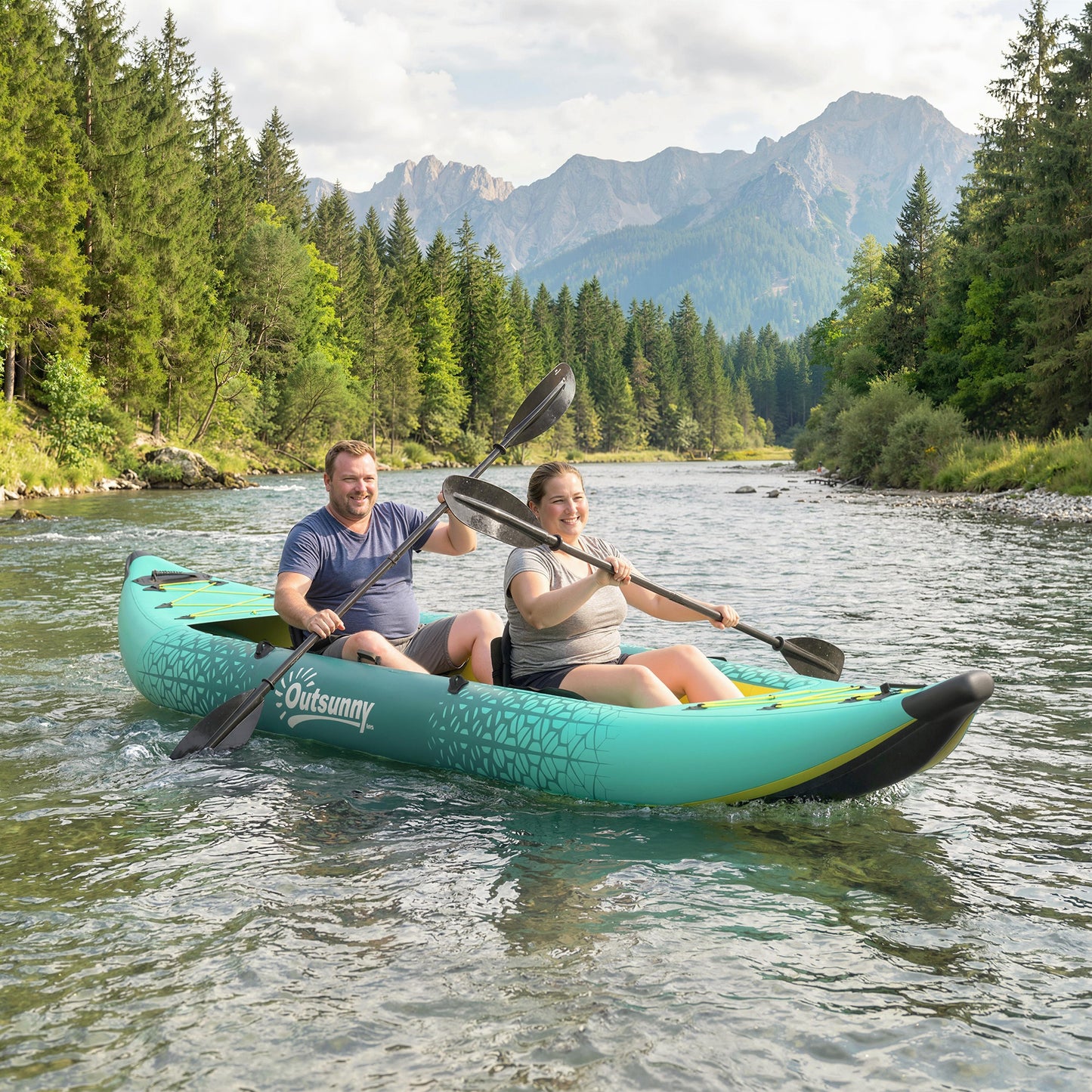 12'6"x37" Inflatable Paddle Board, 506lbs Wide Blow Up Kayak with 2 Aluminum Paddles, Seats and Fins, Yellow and Grey