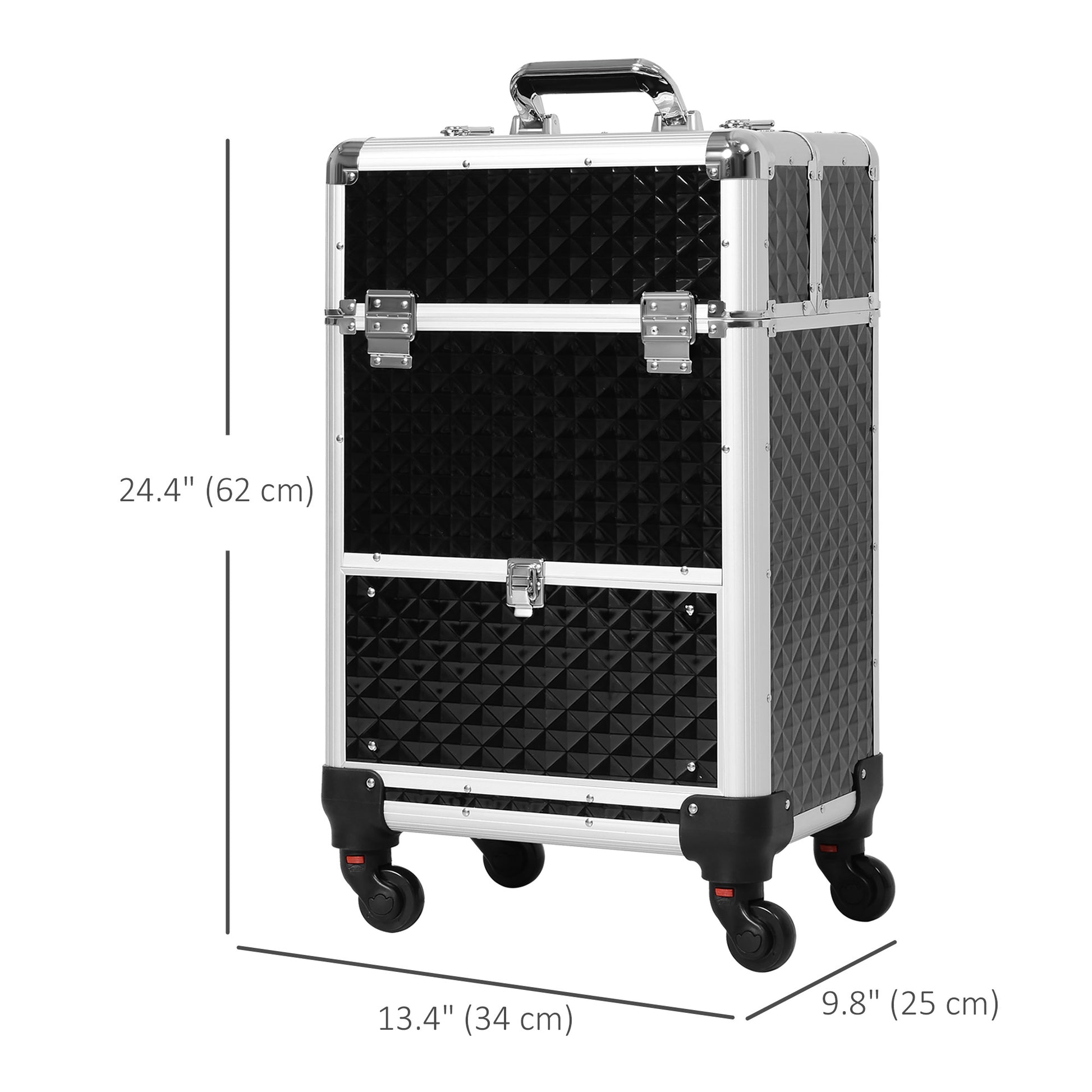 Portable Aluminum Makeup Train Cases, Rolling Makeup Case, Salon Beauty Cosmetic Jewelry Organizer Trolley with 4 Wheels, Black