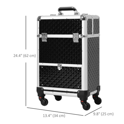 Portable Aluminum Makeup Train Cases, Rolling Makeup Case, Salon Beauty Cosmetic Jewelry Organizer Trolley with 4 Wheels, Black