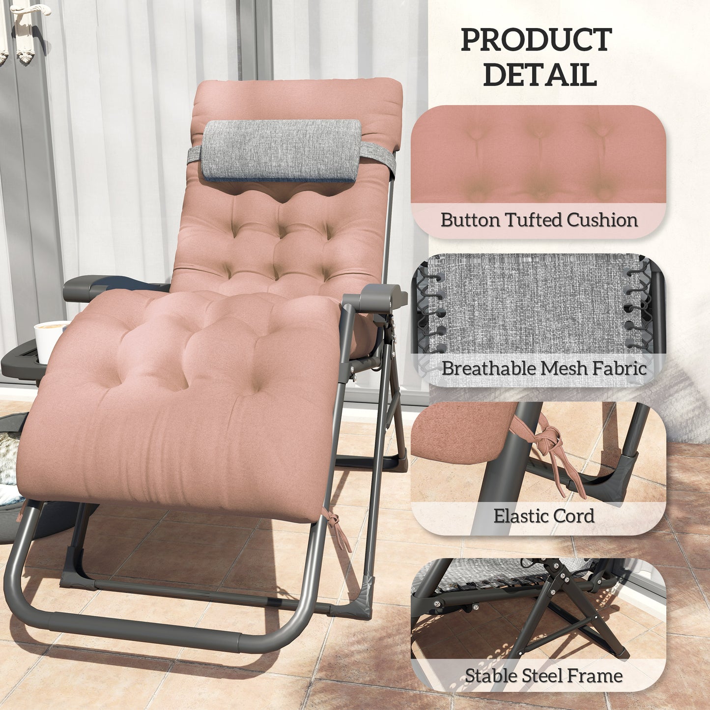 Padded Folding Recliner Chair, Patio Lounger with Cupholder, Adjustable Backrest, Removable Cushion, Khaki