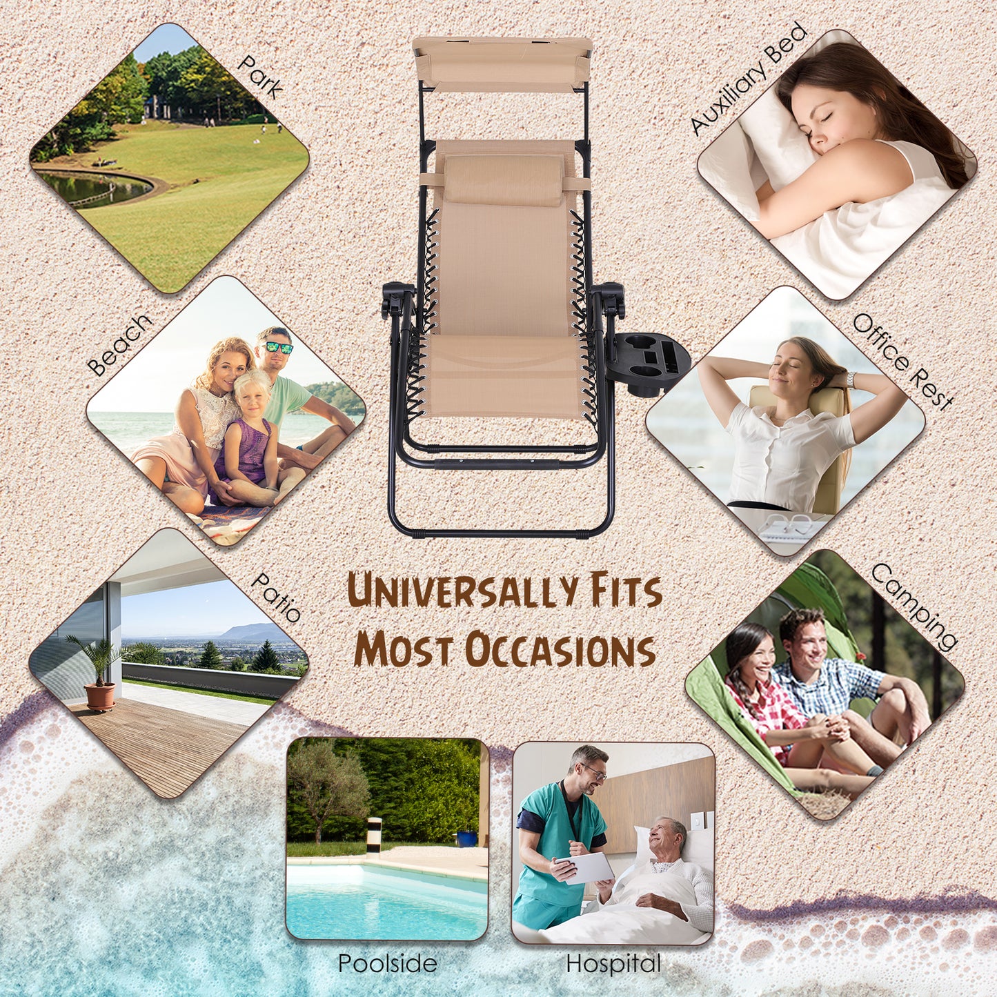 2 Piece Foldable Lounge Chair with Canopy Shade, Outdoor Zero Gravity Chair with Side Tray & Cup Holder, Reclining Lounger with Breathable Mesh Fabric Seat, Pillow, Beige
