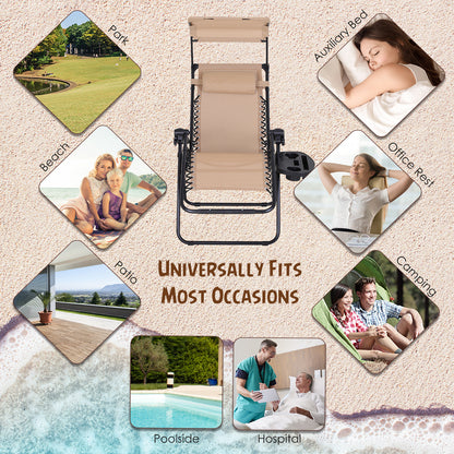2 Piece Foldable Lounge Chair with Canopy Shade, Outdoor Zero Gravity Chair with Side Tray & Cup Holder, Reclining Lounger with Breathable Mesh Fabric Seat, Pillow, Beige