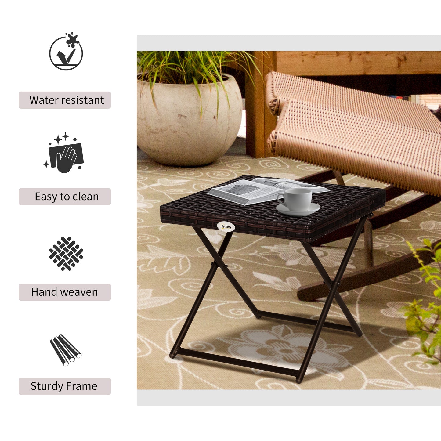 Patio Wicker Coffee Table, Outdoor PE Rattan Garden Folding Side Table, 15.75"x15.75"x15.75", Brown