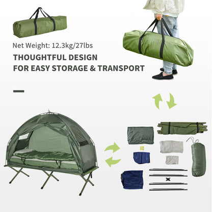 4-in-1 Camping Cot Tent, 1-Person Off-Ground Bed with Air Mattress, Sleeping Bag & Pillow, Elevated Camping Shelter for Adults