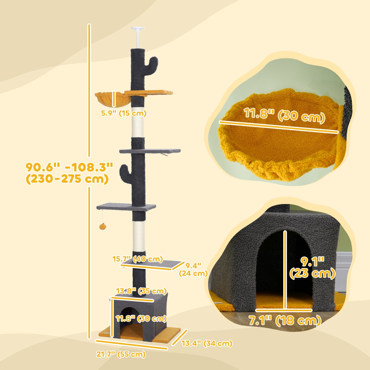 Floor to Ceiling Cat TreeTower with 90.5"-108" Adjustable Height, Scratching Posts, Hammock, Condo, Toy Ball, Dark Grey