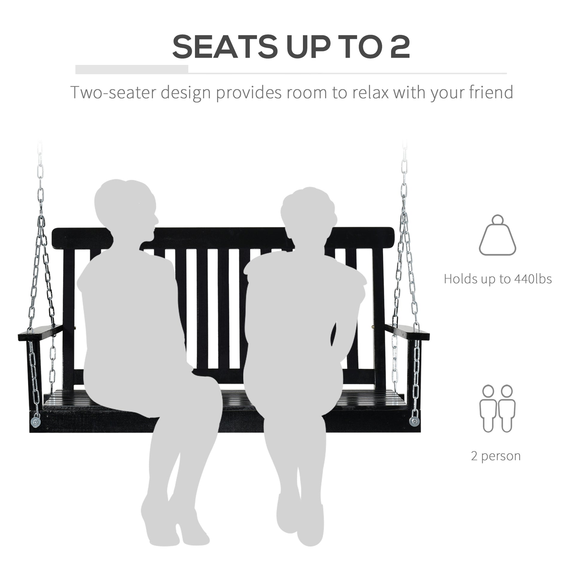 2-Seater Patio Swing Chair, Fir Wooden Porch Swing with Slatted Design, Hanging Chains for Outdoor, Garden, Black