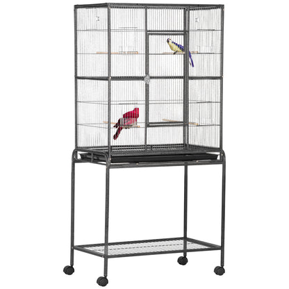 30'' Large Rolling Metal Bird Cage Bird House with Detachable Rolling Stand, Storage Shelf, Wood Perch Food Container - Black
