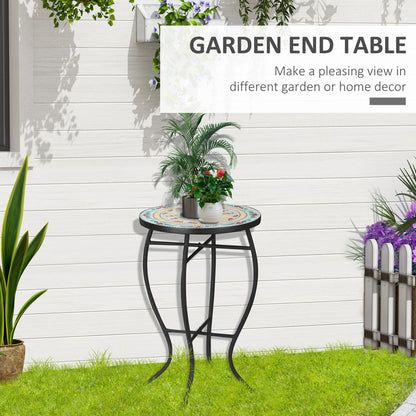 Mosaic Patio Table, Round Coffee Table with Metal Frame, Garden Furniture for Outdoor, Poolside, Multicolor