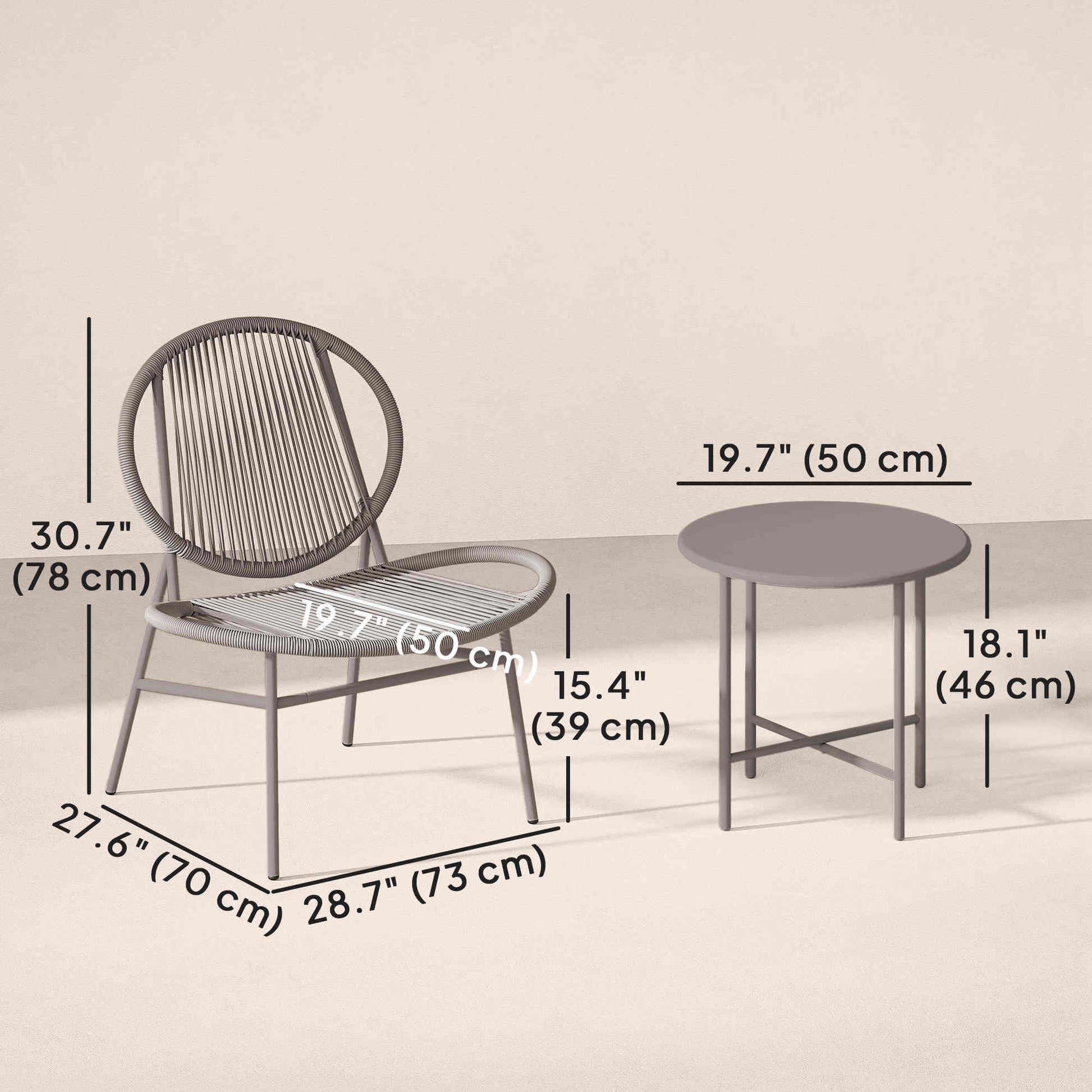 Rattan Bistro Set, 3 Pieces Wicker Patio Furniture Set, Acapulco Chairs and Steel Table for Porch, Balcony, Light Grey