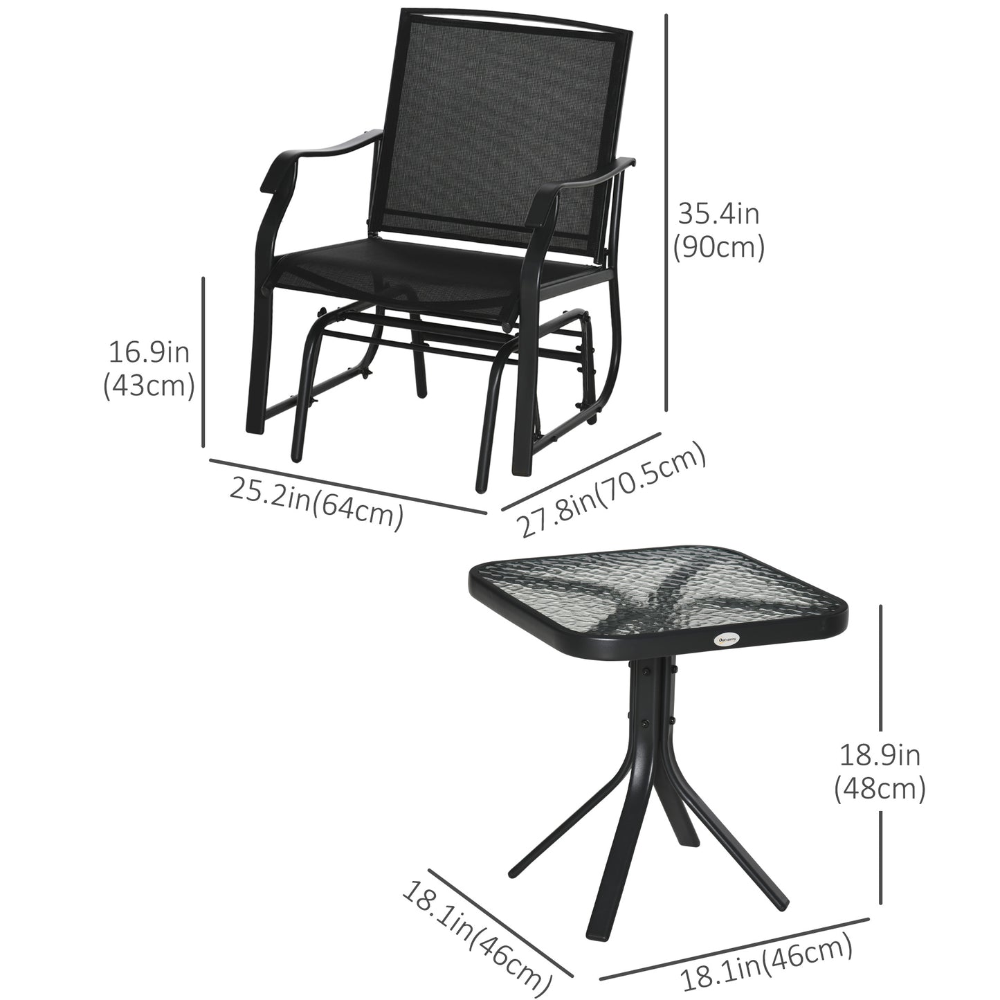 3 Piece Patio Glider Set Outdoor Gliders with Breathable Mesh Seat, Glass Top Table for Garden, Yard, Black