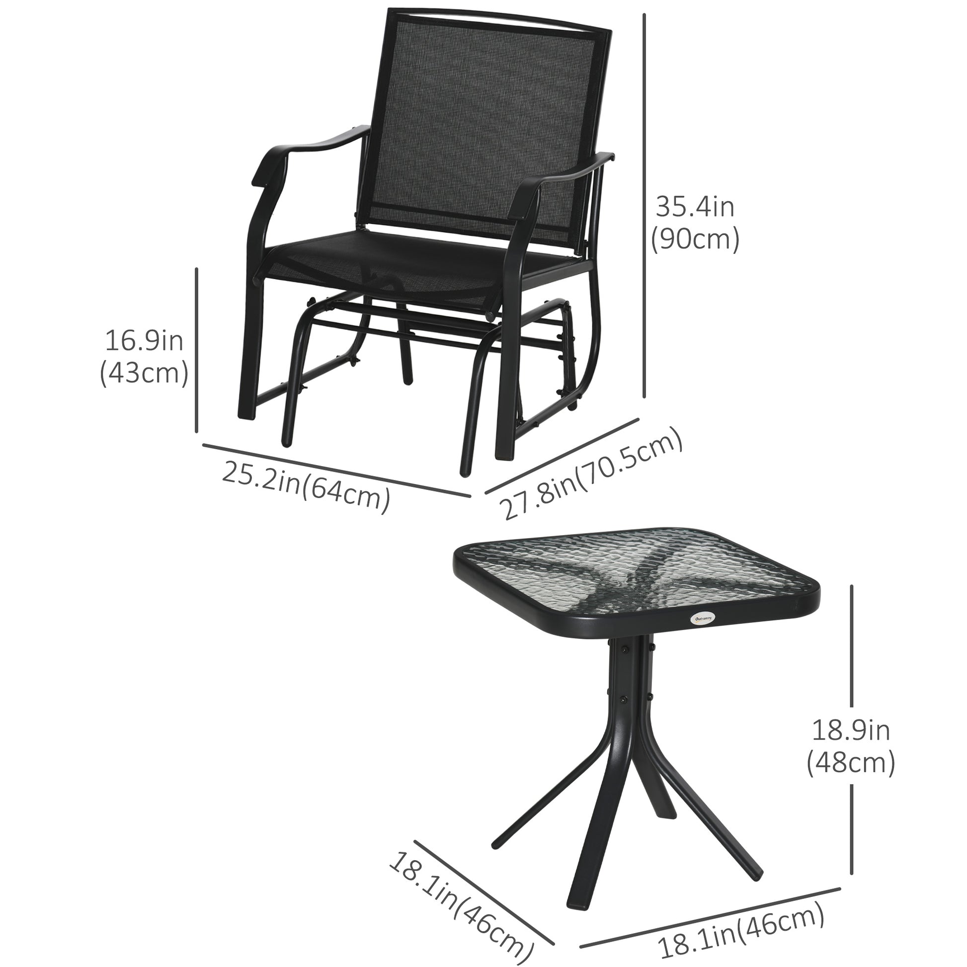 3 Piece Patio Glider Set Outdoor Gliders with Breathable Mesh Seat, Glass Top Table for Garden, Yard, Black