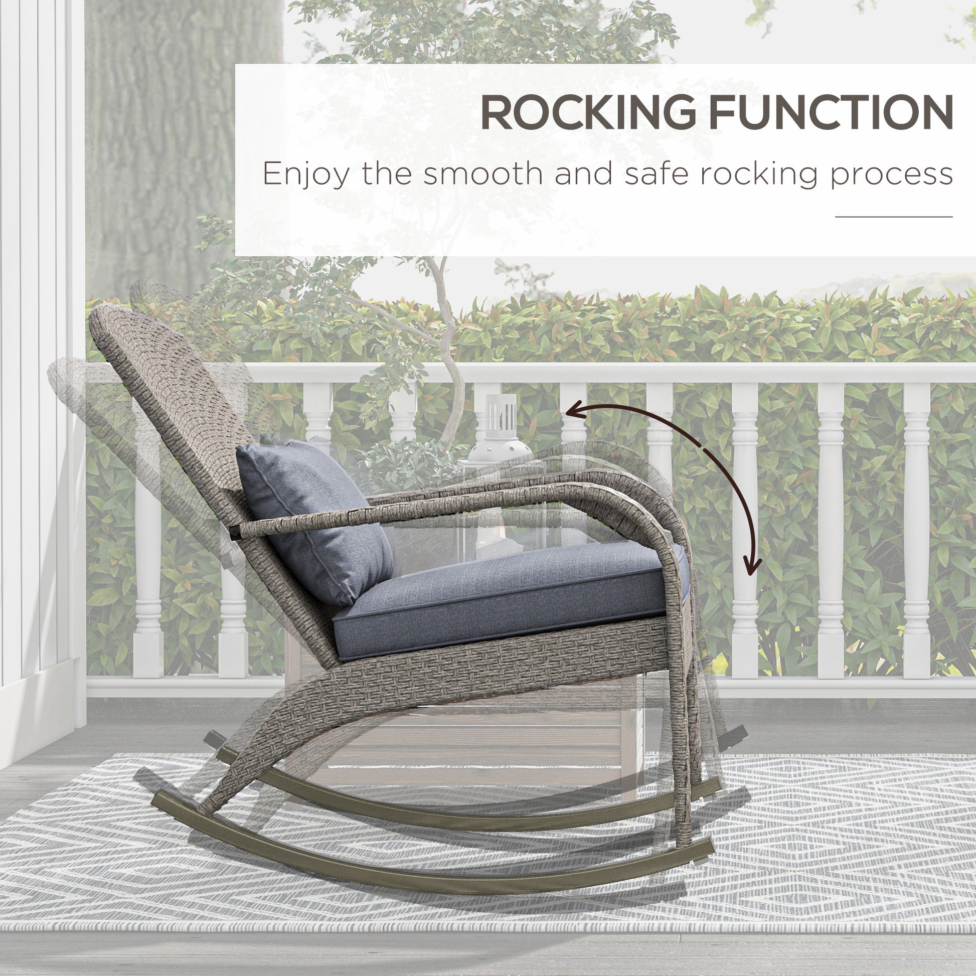 Adirondack Chair, Outdoor Wicker Rocking Chair with High Back, Seat Cushion and Pillow for Porch, Balcony, Grey
