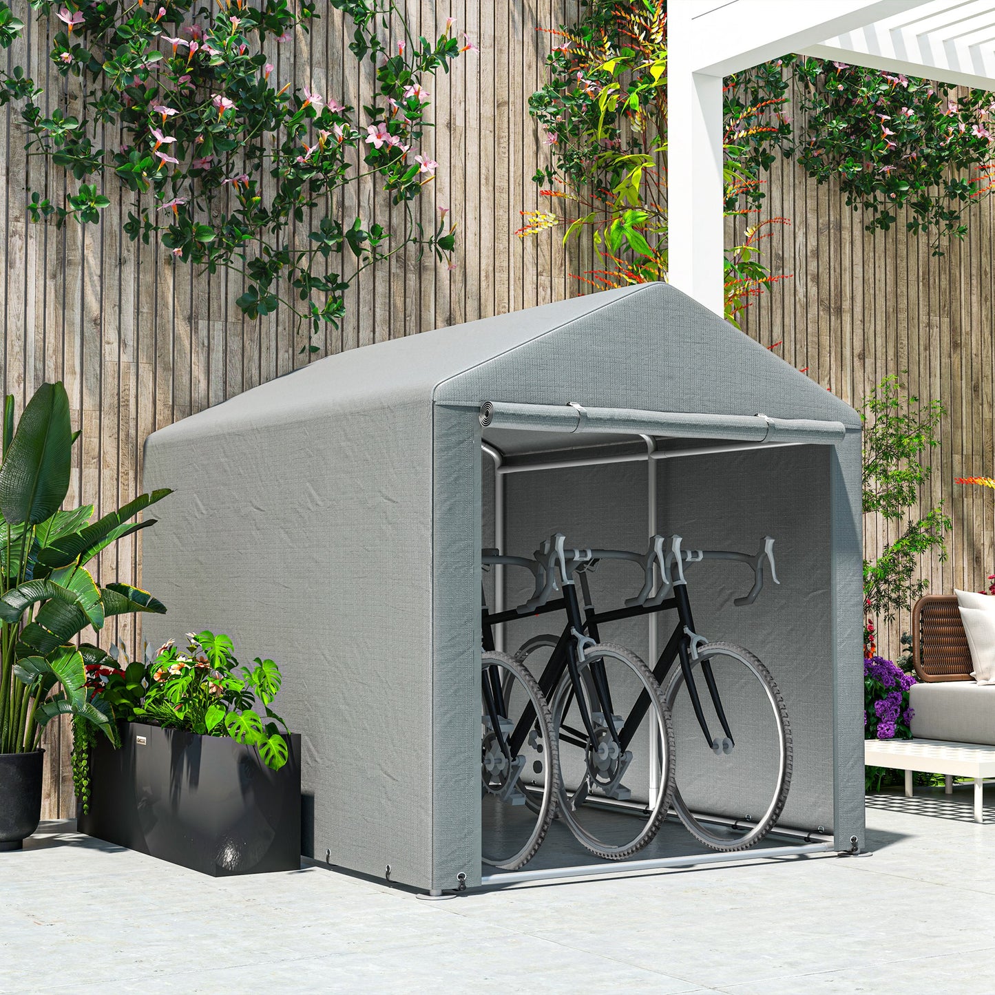 Portable Bicycle Shed with Galvanized Steel Frame and Large Door, Waterproof Outdoor Shed for Garden Tools, Light Grey