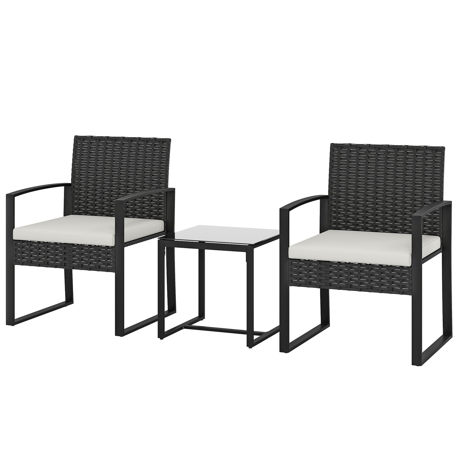 Outdoor Bistro Set, 3 Piece Wicker Patio Furniture Set with Glass Top Table and Cushions for Porch, Balcony, Cream White