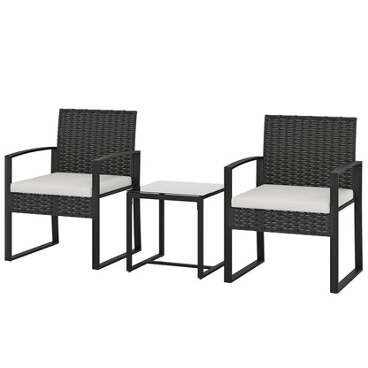 Outdoor Bistro Set, 3 Piece Wicker Patio Furniture Set with Glass Top Table and Cushions for Porch, Balcony, Cream White