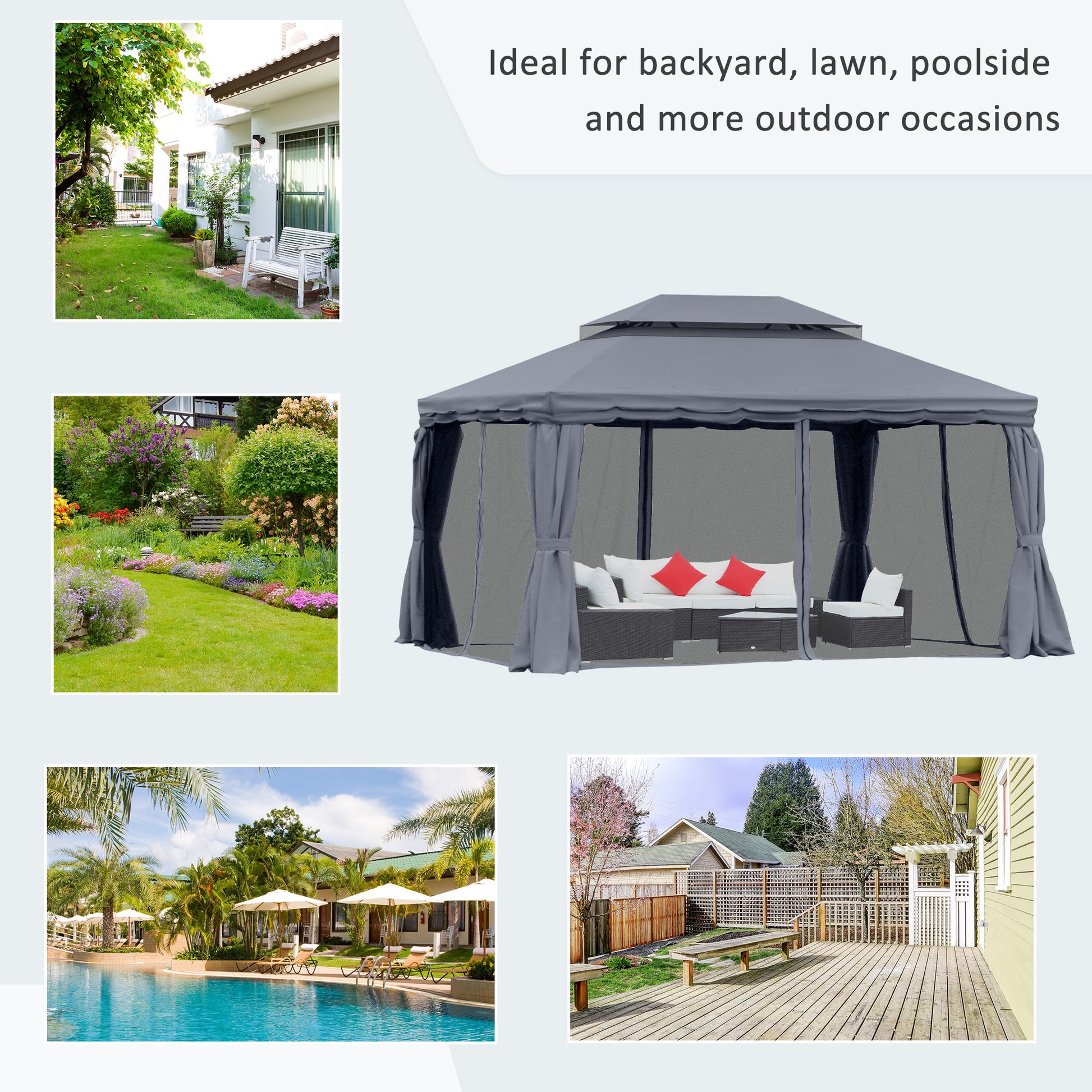 13' x 10' Patio Gazebo, Double Roof Outdoor Gazebo Canopy Shelter with Netting & Curtains, Strong Aluminum Frame, Dark Grey