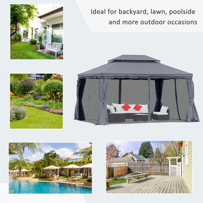 13' x 10' Patio Gazebo, Double Roof Outdoor Gazebo Canopy Shelter with Netting & Curtains, Strong Aluminum Frame, Dark Grey