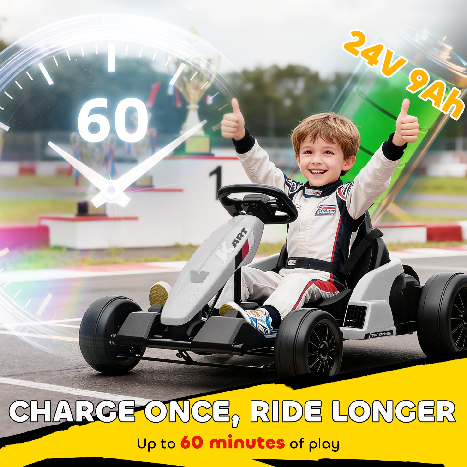 Qaba 24V Electric Go Kart with Dual 150W Motors, Adjustable Seat & 11.2MPH High Speed, Slow Start, 5-Point Harness, White