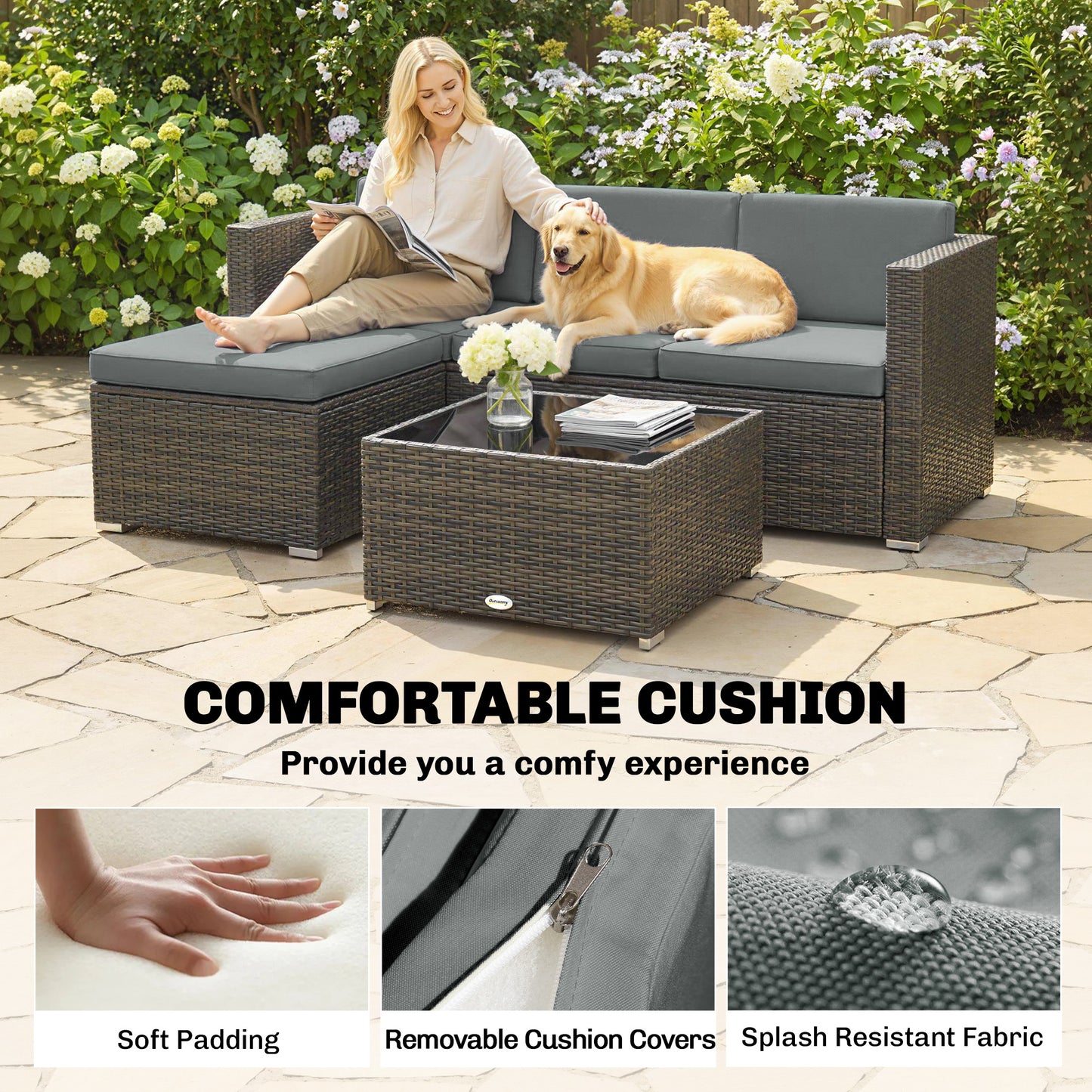 3 Pieces Patio Furniture Set with Cushions, Outdoor PE Rattan Wicker Conversation Corner Sofa Set, Dark Grey