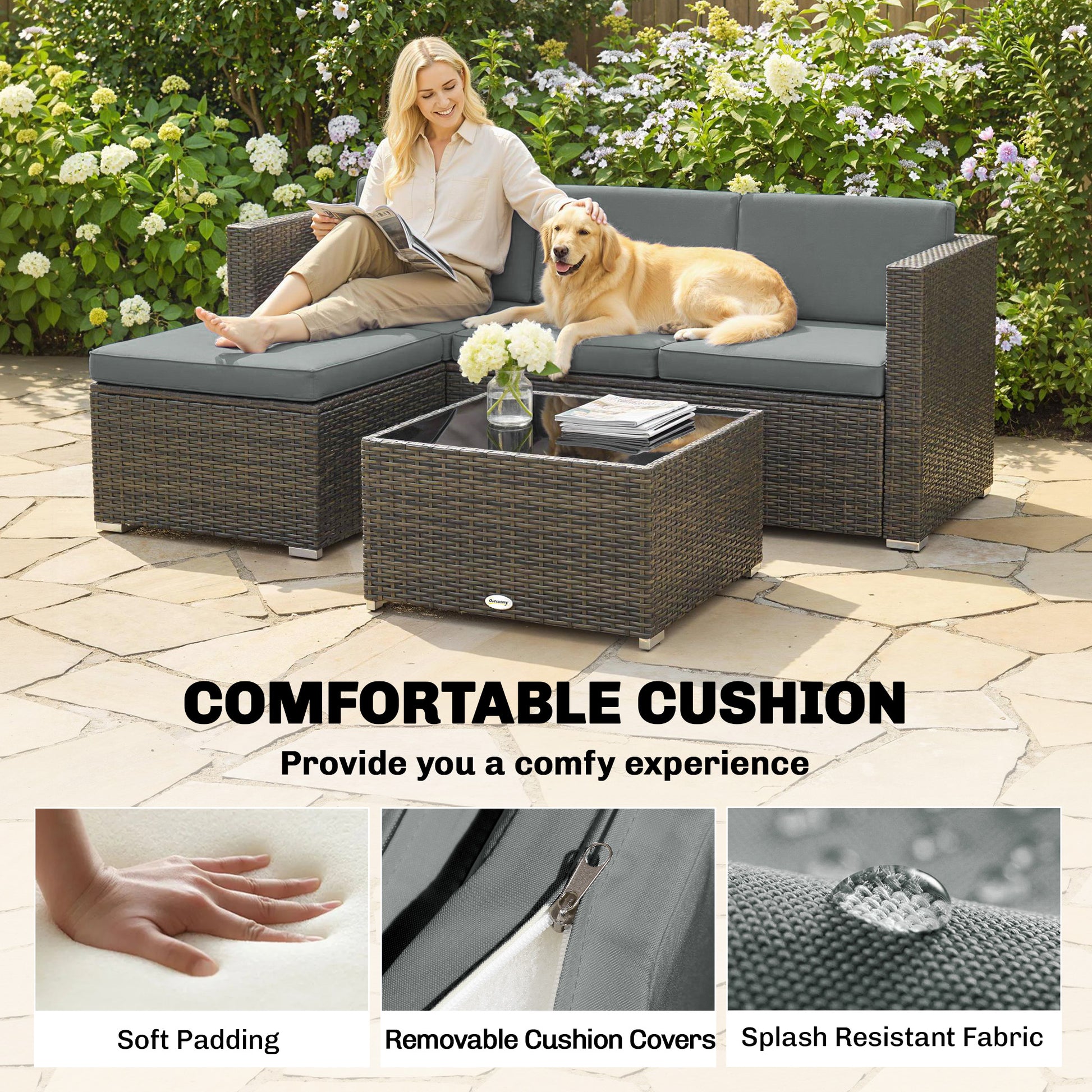 3 Pieces Patio Furniture Set with Cushions, Outdoor PE Rattan Wicker Conversation Corner Sofa Set, Dark Grey
