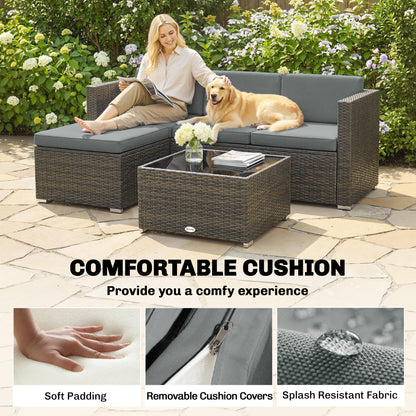 3 Pieces Patio Furniture Set with Cushions, Outdoor PE Rattan Wicker Conversation Corner Sofa Set, Dark Grey