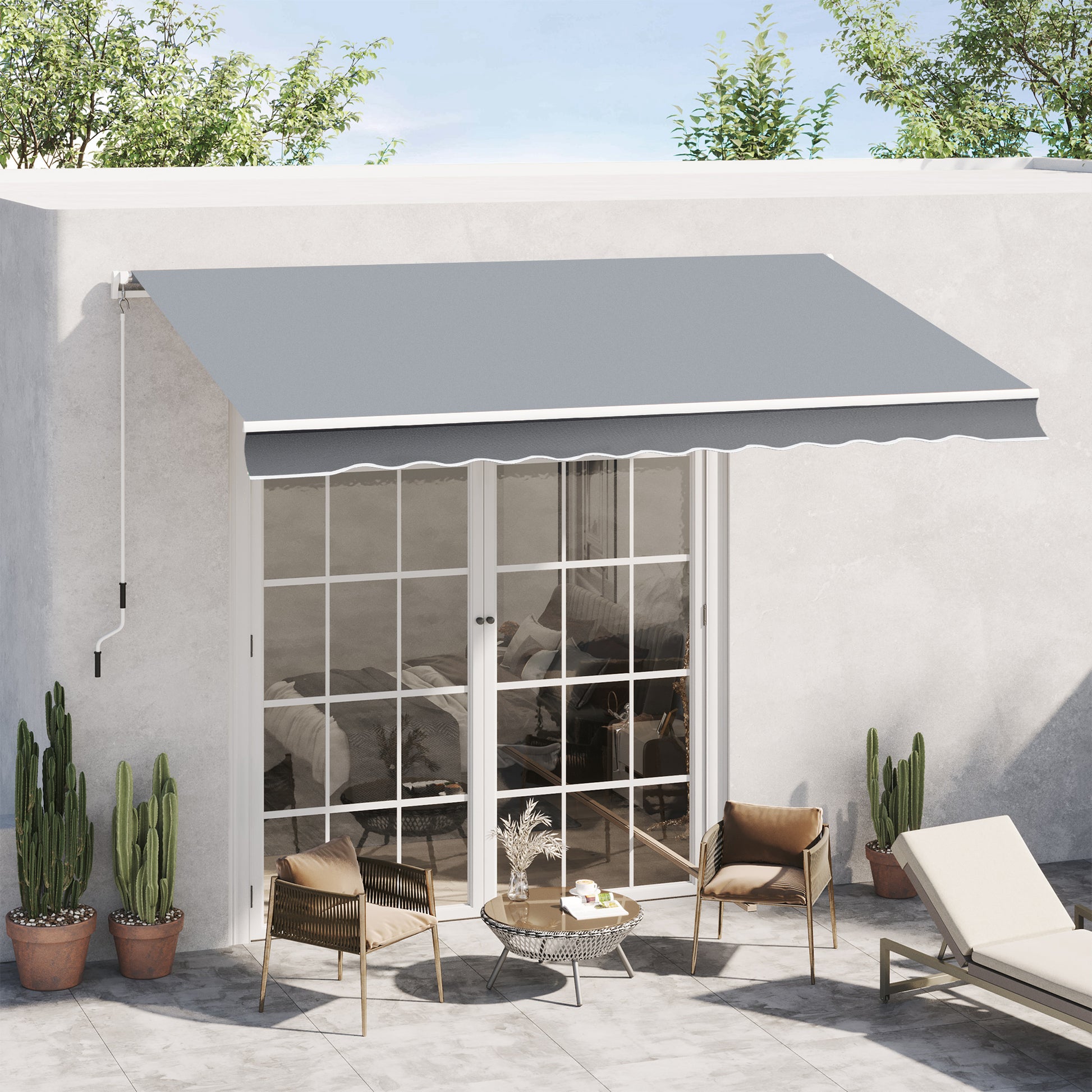 10x8ft Patio Awning Manual Retractable Sun Shade Aluminum Frame Grey