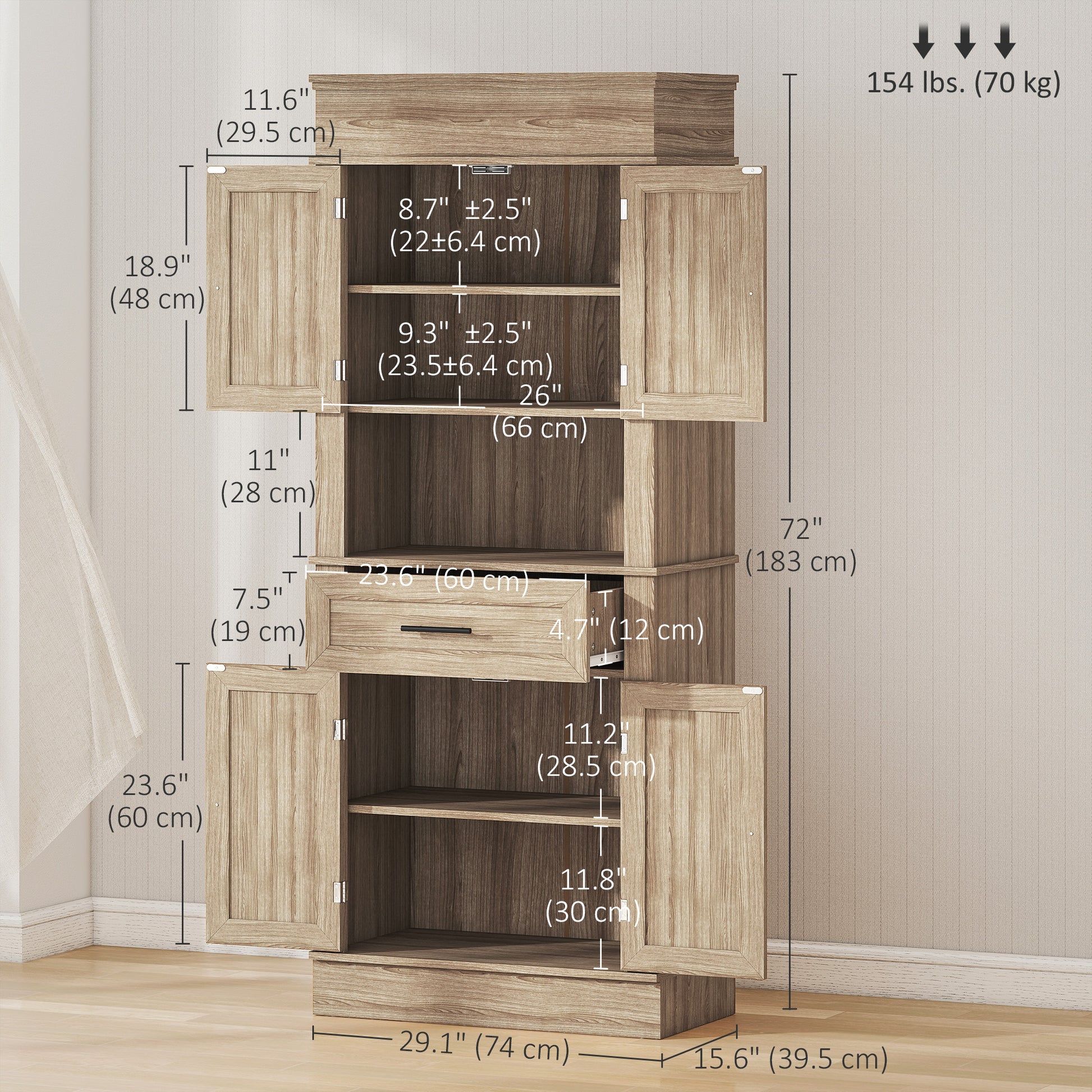 Modern Freestanding Kitchen Pantry Cabinet with Doors Open Shelves Adjustable Shelving Microwave Space, Oak