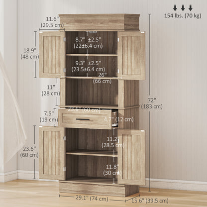 Modern Freestanding Kitchen Pantry Cabinet with Doors Open Shelves Adjustable Shelving Microwave Space, Oak