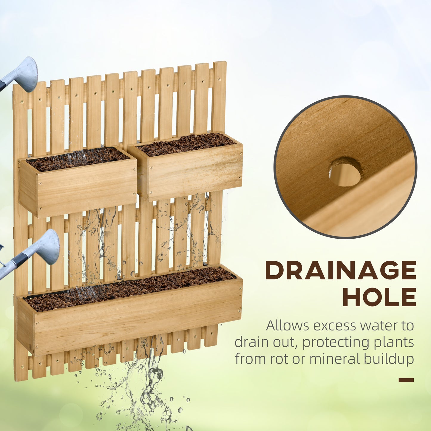 3 Box Raised Garden Bed with Trellis, Wall-Mounted Wood Planter Box Set with Drainage Hole for Flowers, Climbing Plants