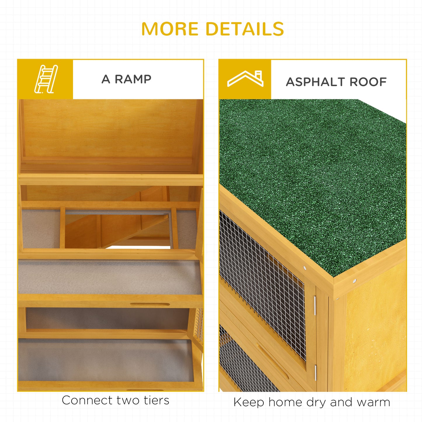 Wood Rabbit Hutch with 2 Large Main House, Ramp, Trays, Yellow