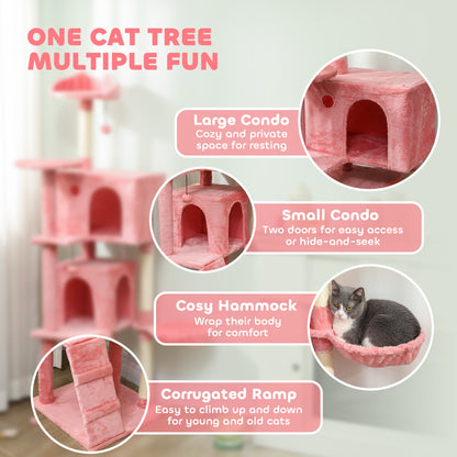 63 Inch Cat Tree with Sisal Scratching Posts, Condos, Plush Perches, Hammock, Ladder, Dangling Balls, Pink