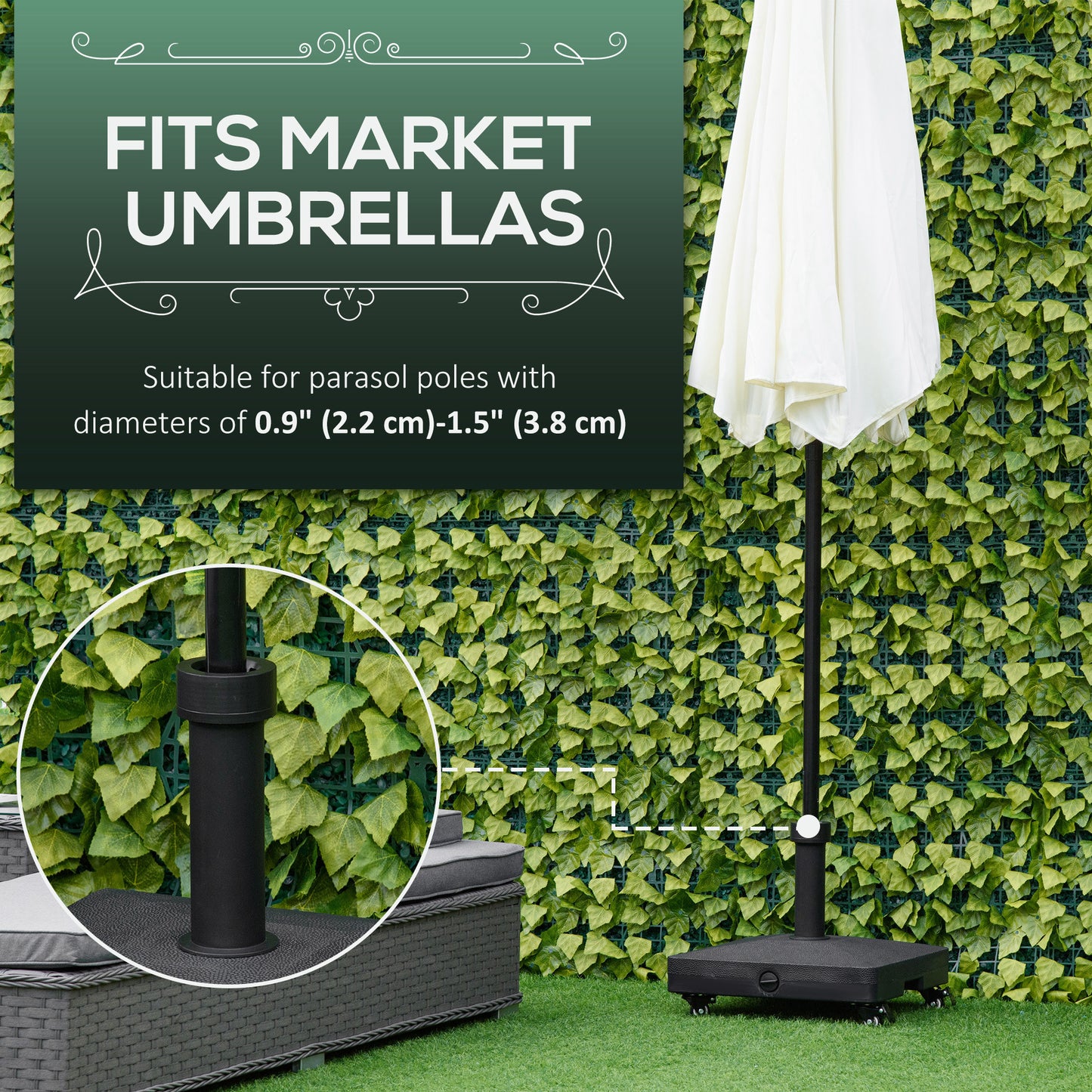 HDPE Square Parasol Base, Portable Umbrella Stand Weights for Cantilever Banana Parasol with Wheels, 35lbs with Water or 40lbs with Sand, for Φ0.75" to Φ1.5" Pole, Black